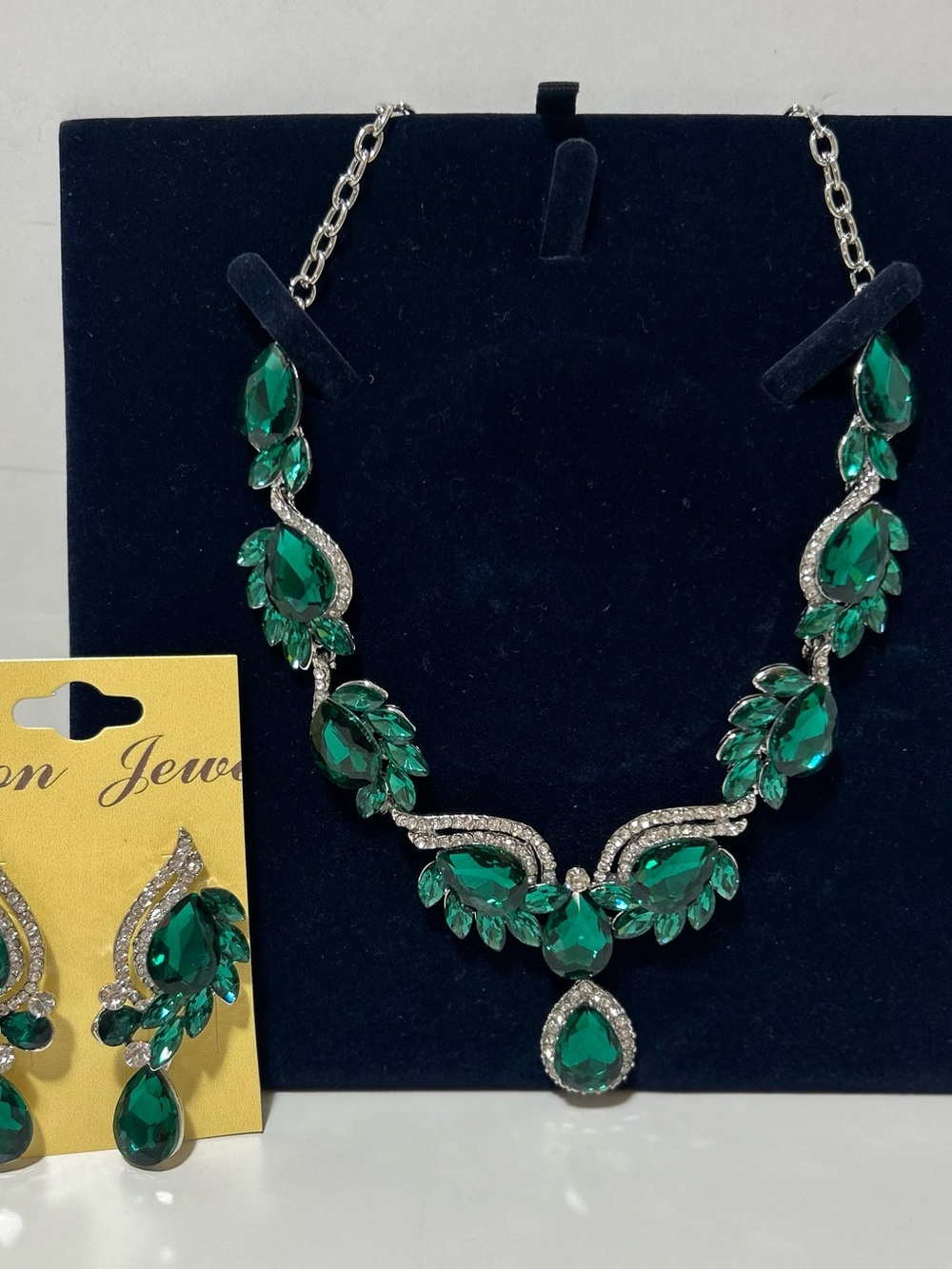 Emerald Green Teardrop Crystal 20” Necklace and Earring Set